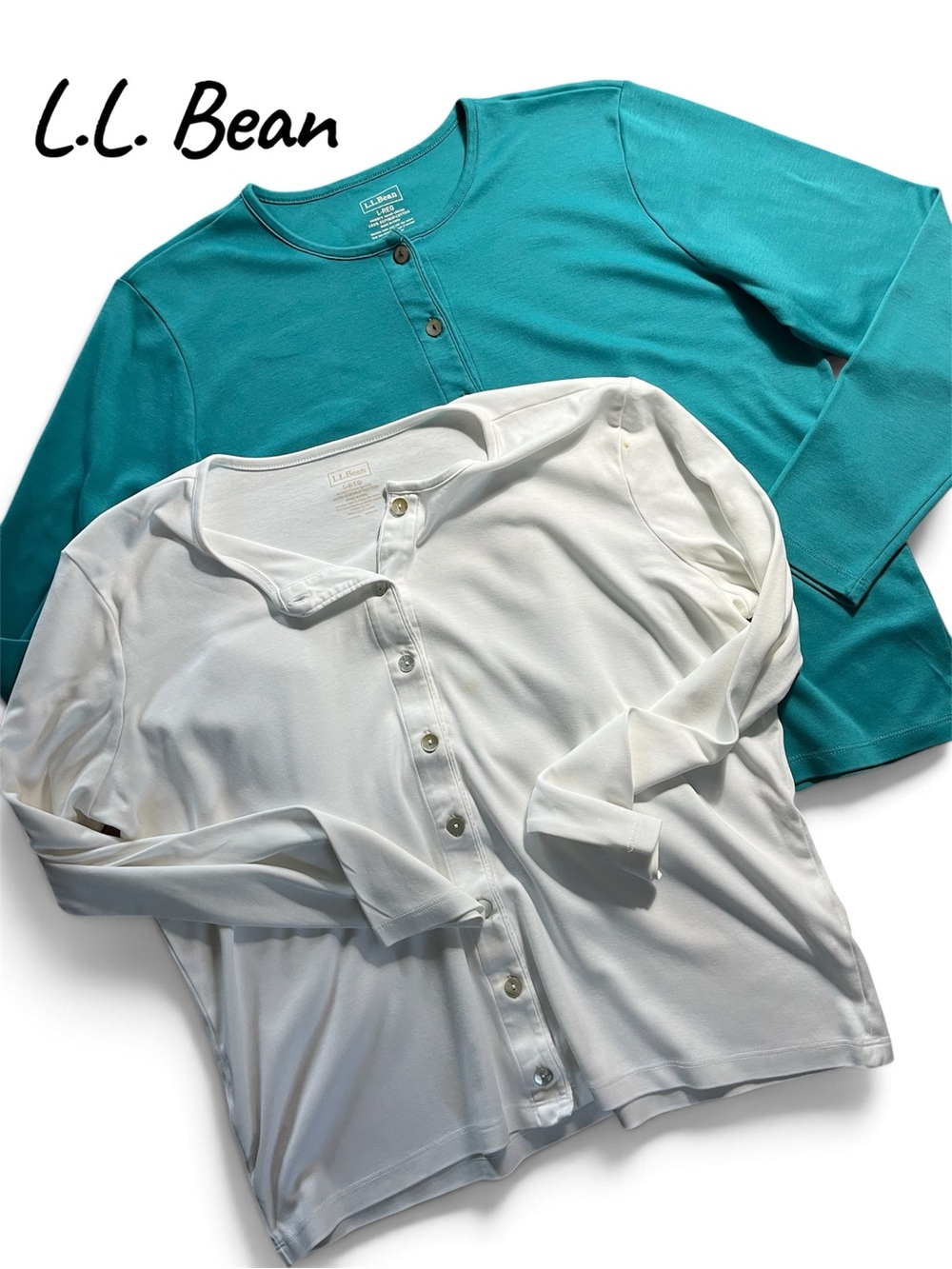 L.L. Bean women’s size large Two-pack Henley Cardigans - Teal & White